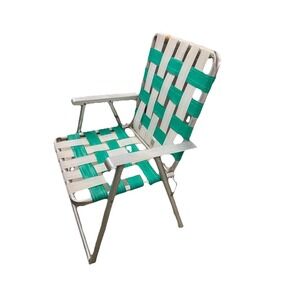 Vintage Green White & Silver Webbed Aluminum Folding Patio Lawn Chair